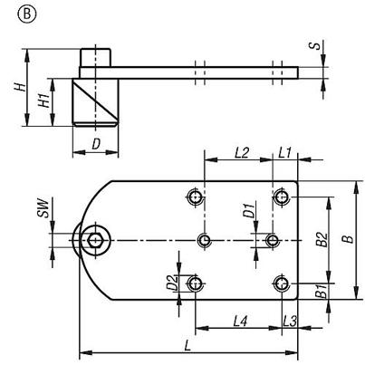 Edelstahl Spannbolzen mit Adapterplatte - Ø 20 mm | Länge 96 mm | Breite 52 mm | Form B | Komponente: Stahl