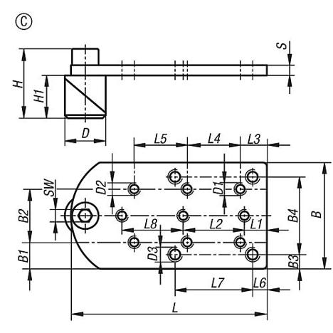 Edelstahl Spannbolzen mit Adapterplatte - D=20mm, L=96mm, B=52mm, Form C - Oberfläche: Stahl blank