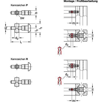 Schnellspannverbinder aus Stahl für Aluprofile - Montagebolzen (b-Baukasten)