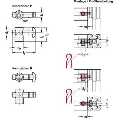 Schnellspannverbinder aus Stahl für Aluprofile (b-Baukasten) - Asymmetrischer Montagebolzen